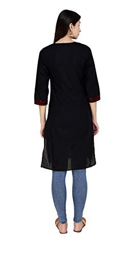 QAZMI Women's  Cotton Straight Embroidered Kurti Black L