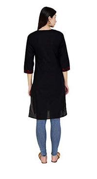 QAZMI Women's  Cotton Straight Embroidered Kurti Black L
