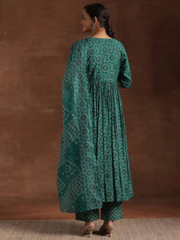 Rama Green Printed Silk Blend A-Line Kurta with Trousers & Dupatta