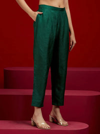 Libas Art Bottle Green Embroidered Silk A-Line Kurta with Trousers & Dupatta