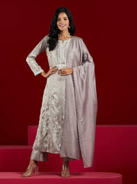 Libas Art Taupe Embroidered Silk Blend A-Line Kurta with Trousers & Dupatta