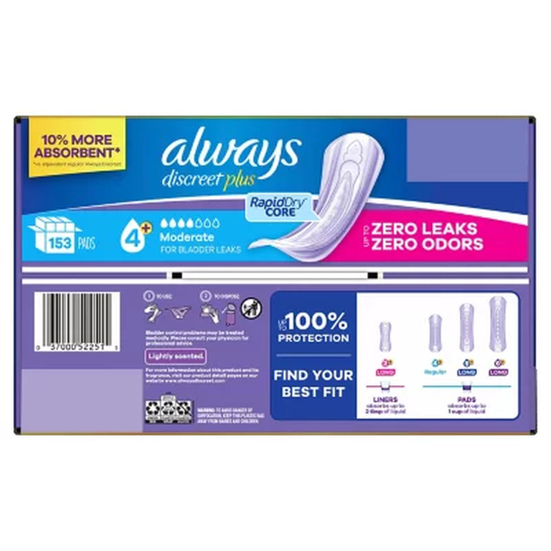Always Discreet plus Incontinence Pads for Women, Moderate, 153 Ct.
