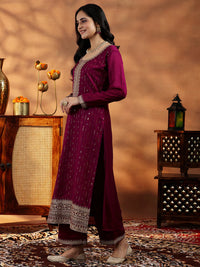 Maroon Embroidered Silk Blend Straight Suit with Dupatta