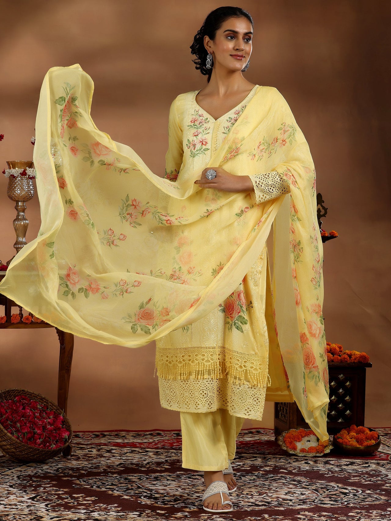 Yellow Printed Silk Blend Straight Suit with Dupatta