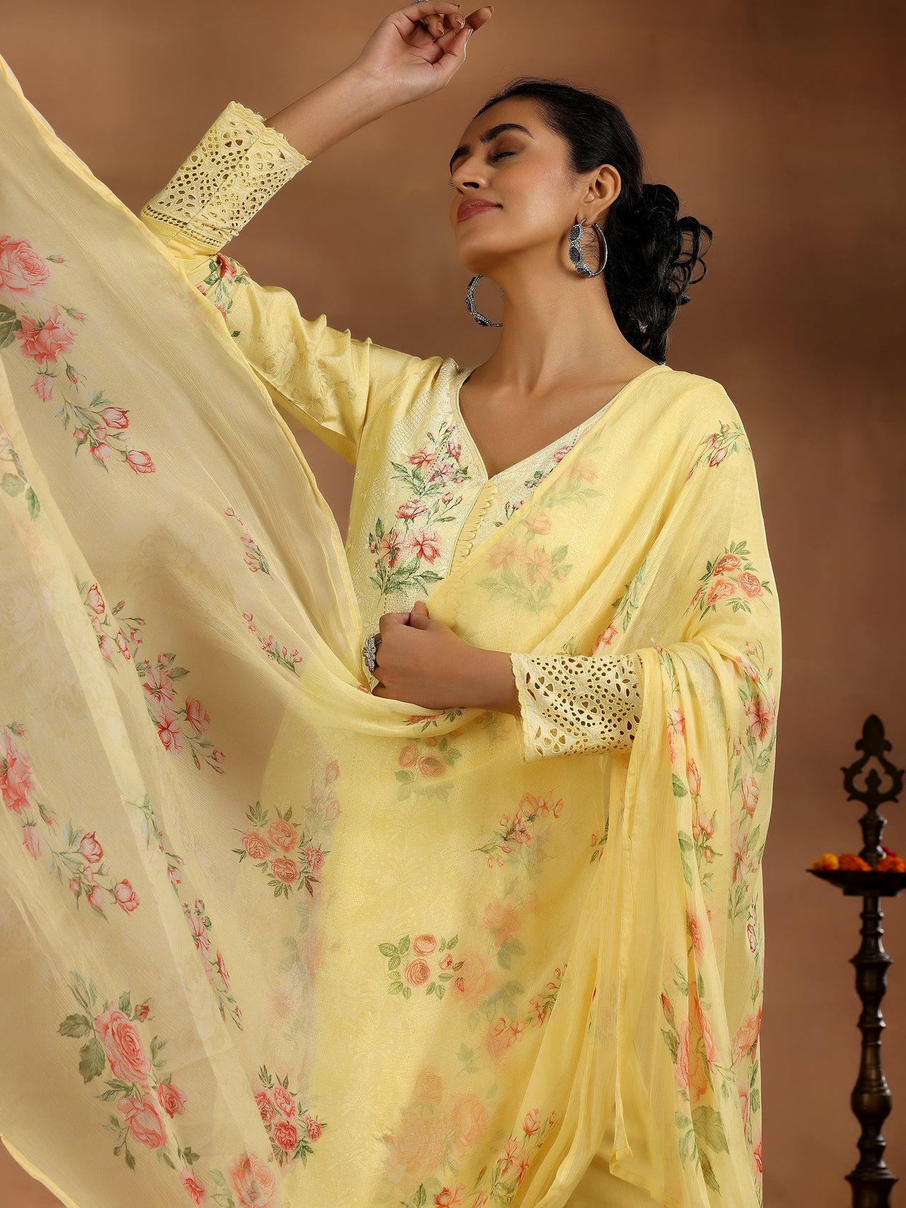 Yellow Printed Silk Blend Straight Suit with Dupatta