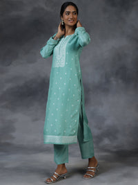 Green Woven Design Silk Blend Straight Suit with Dupatta
