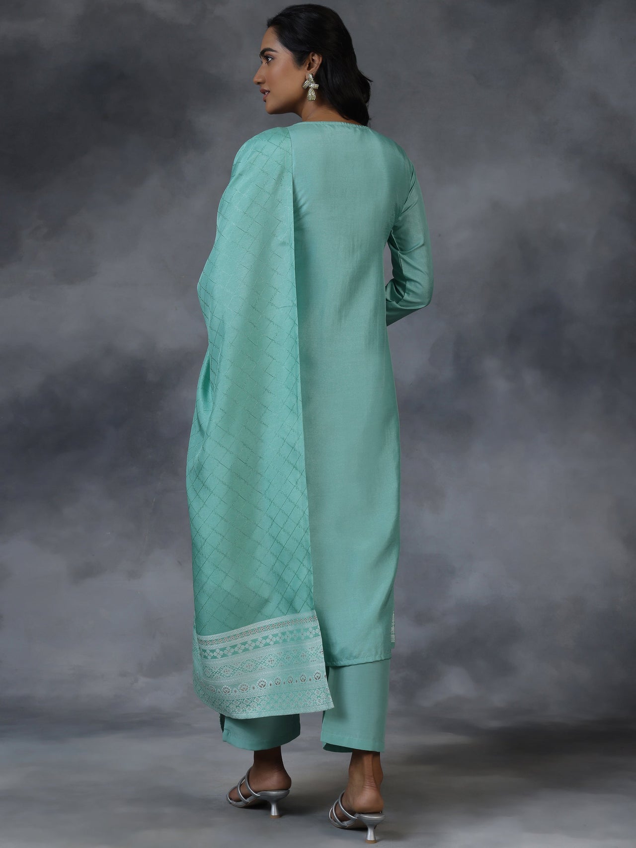 Green Woven Design Silk Blend Straight Suit with Dupatta