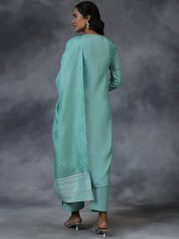 Green Woven Design Silk Blend Straight Suit with Dupatta