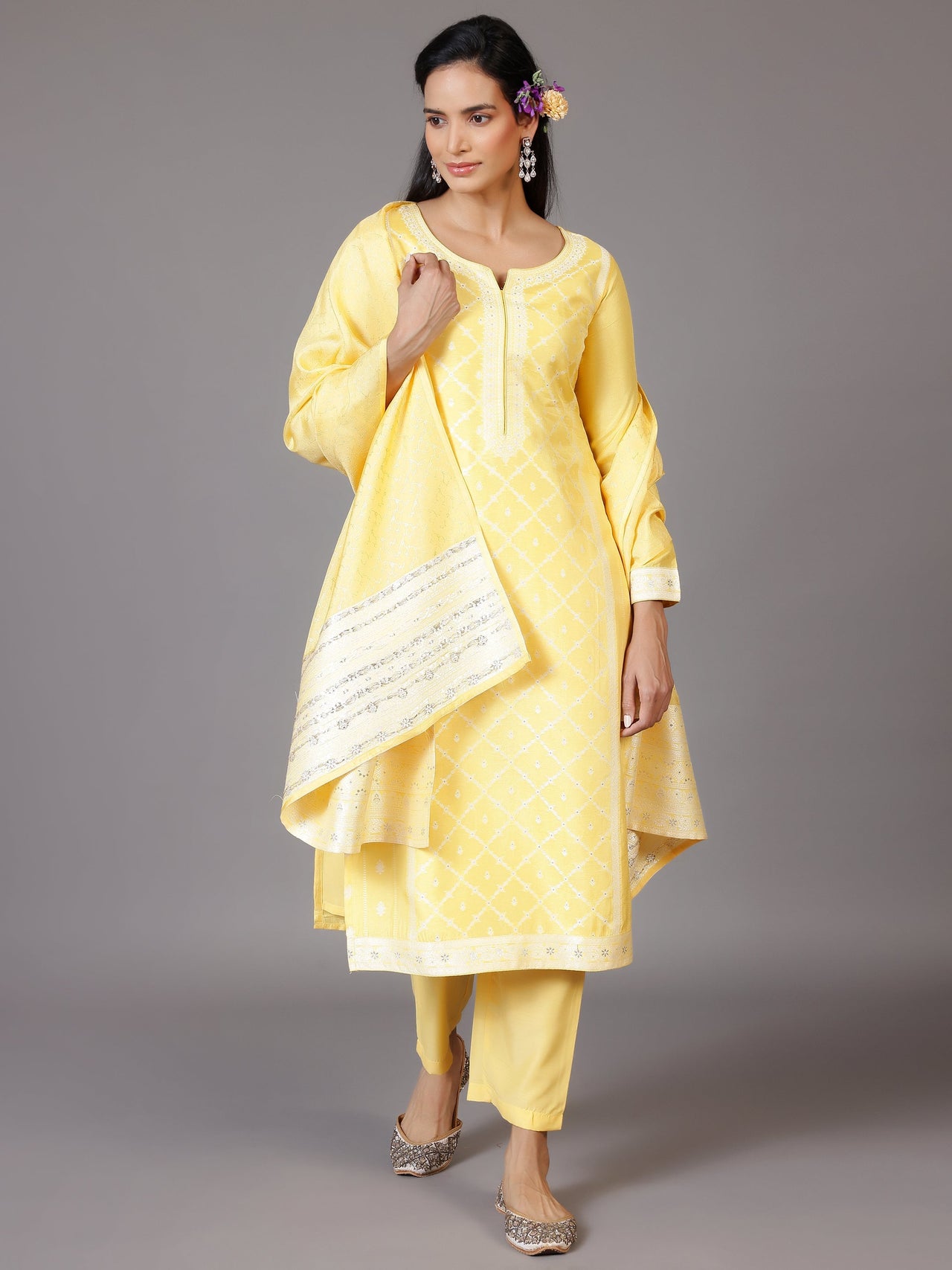 Yellow Woven Design Silk Blend Straight Suit with Dupatta