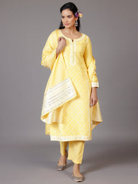 Yellow Woven Design Silk Blend Straight Suit with Dupatta