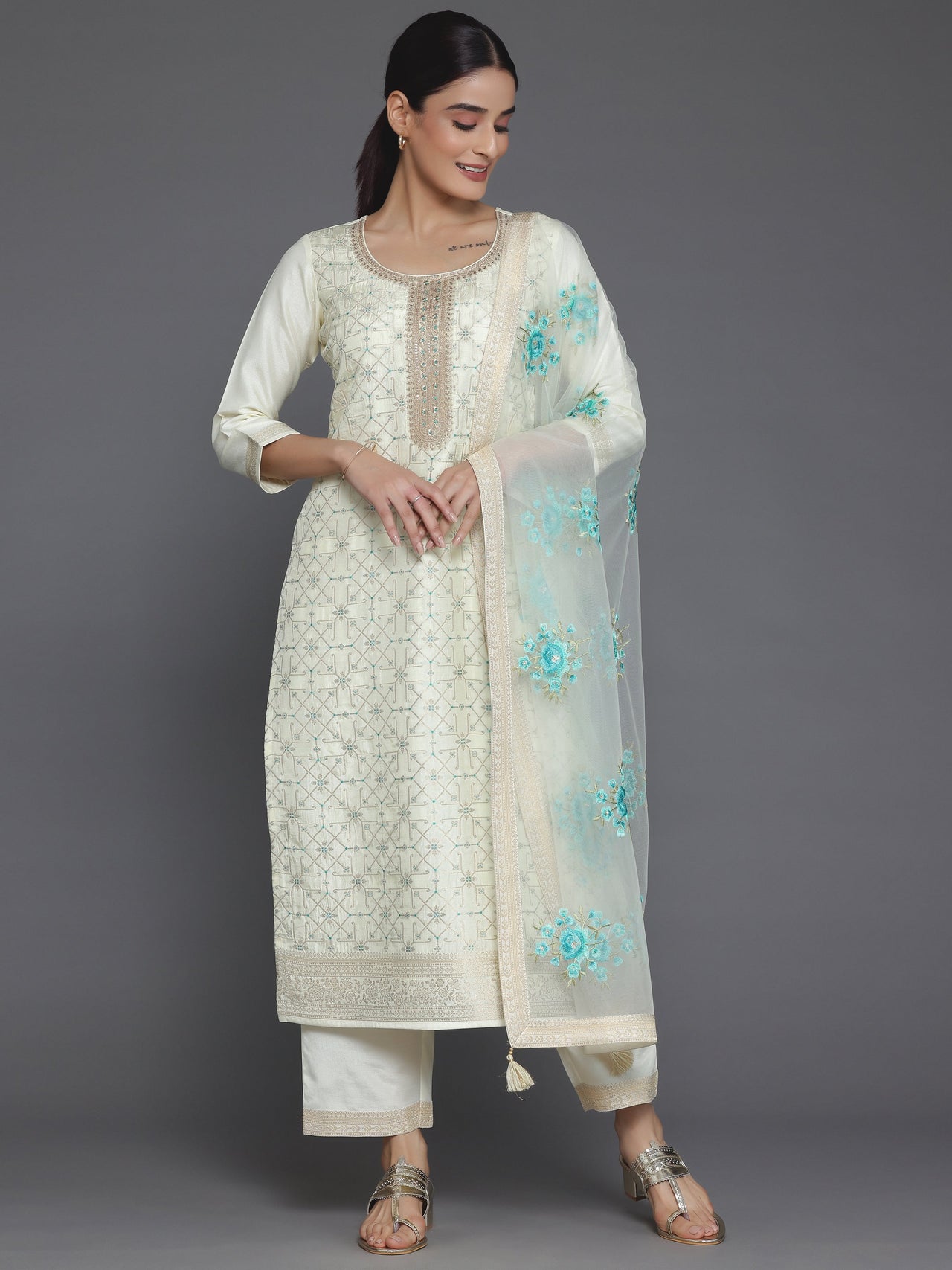 Cream Woven Design Silk Blend Straight Suit with Dupatta