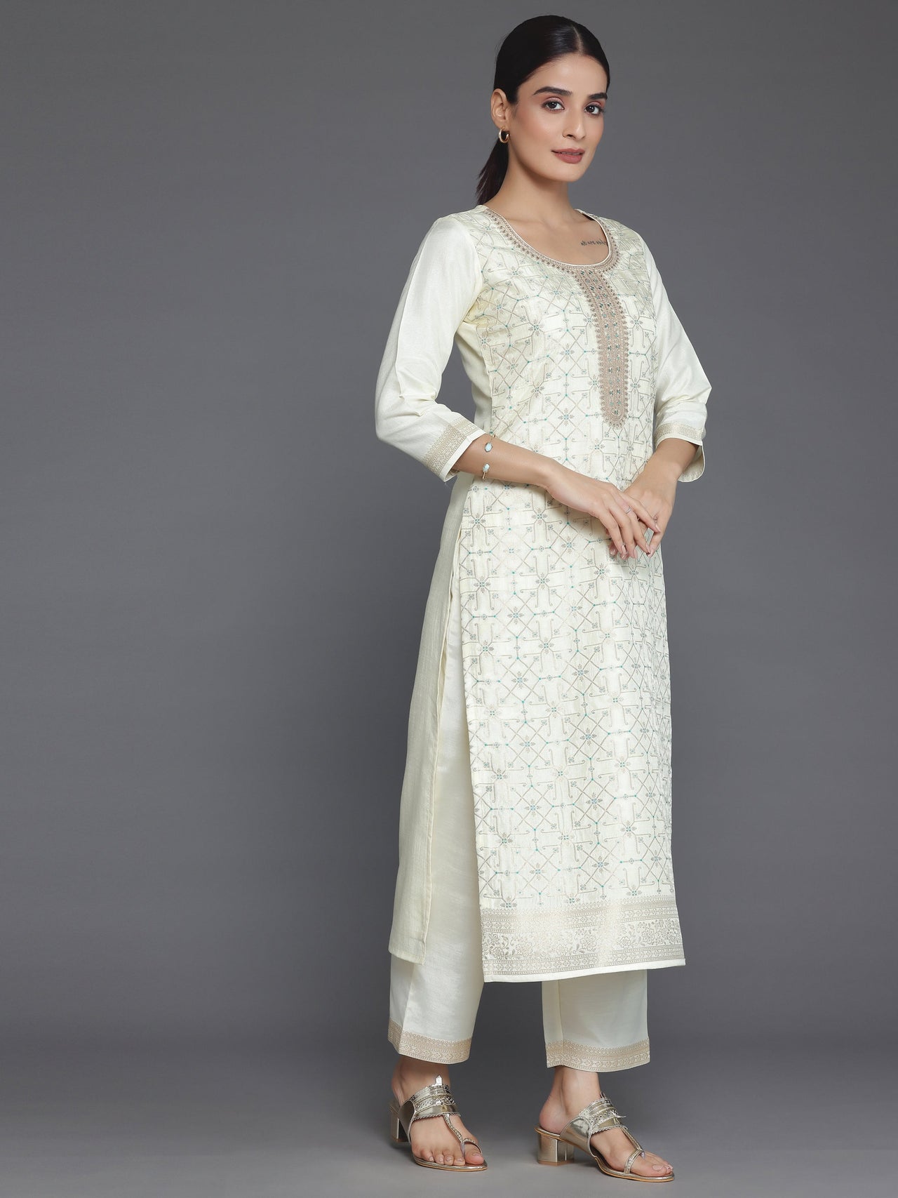 Cream Woven Design Silk Blend Straight Suit with Dupatta