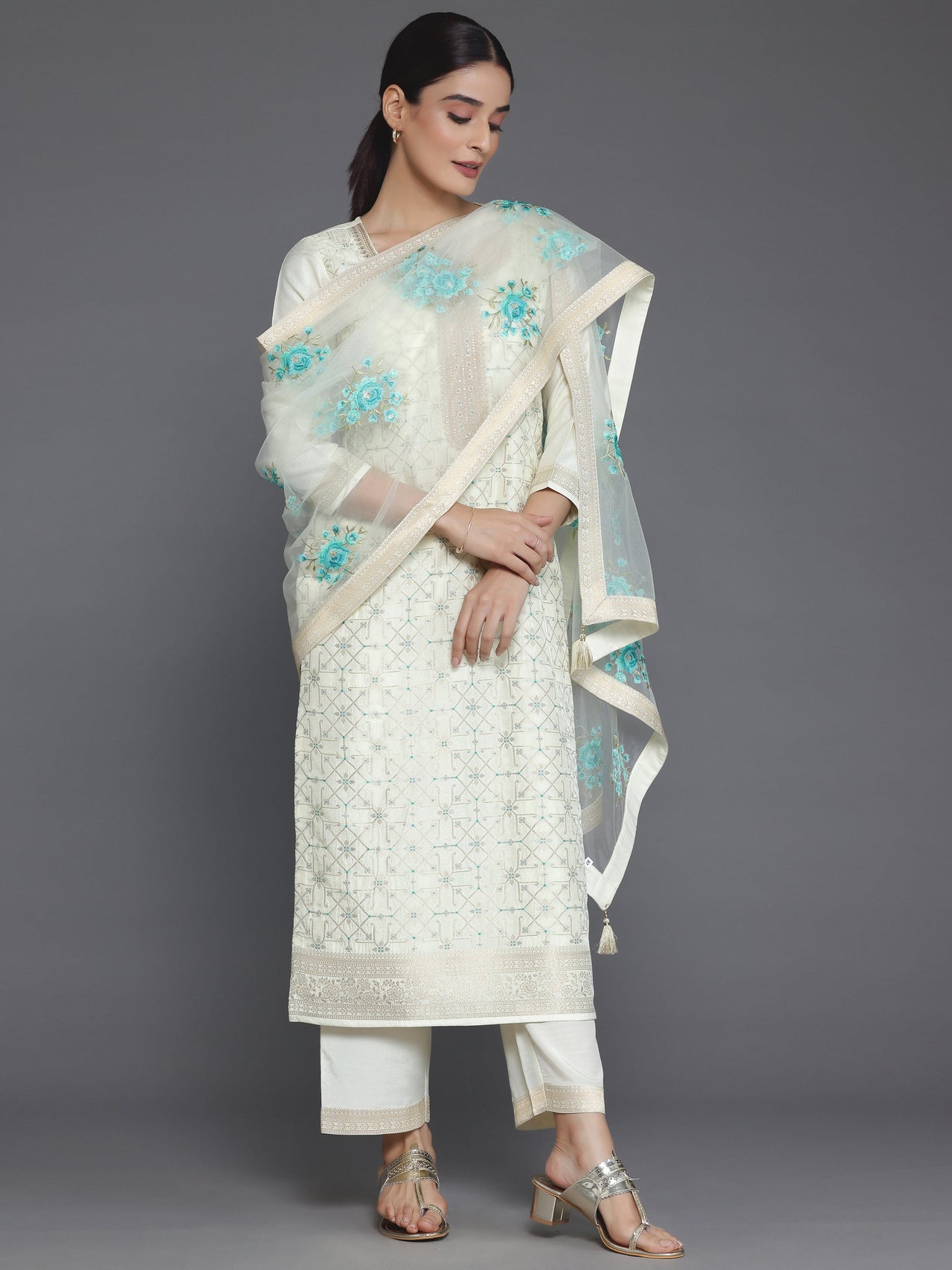 Cream Woven Design Silk Blend Straight Suit with Dupatta