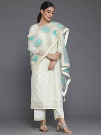 Cream Woven Design Silk Blend Straight Suit with Dupatta