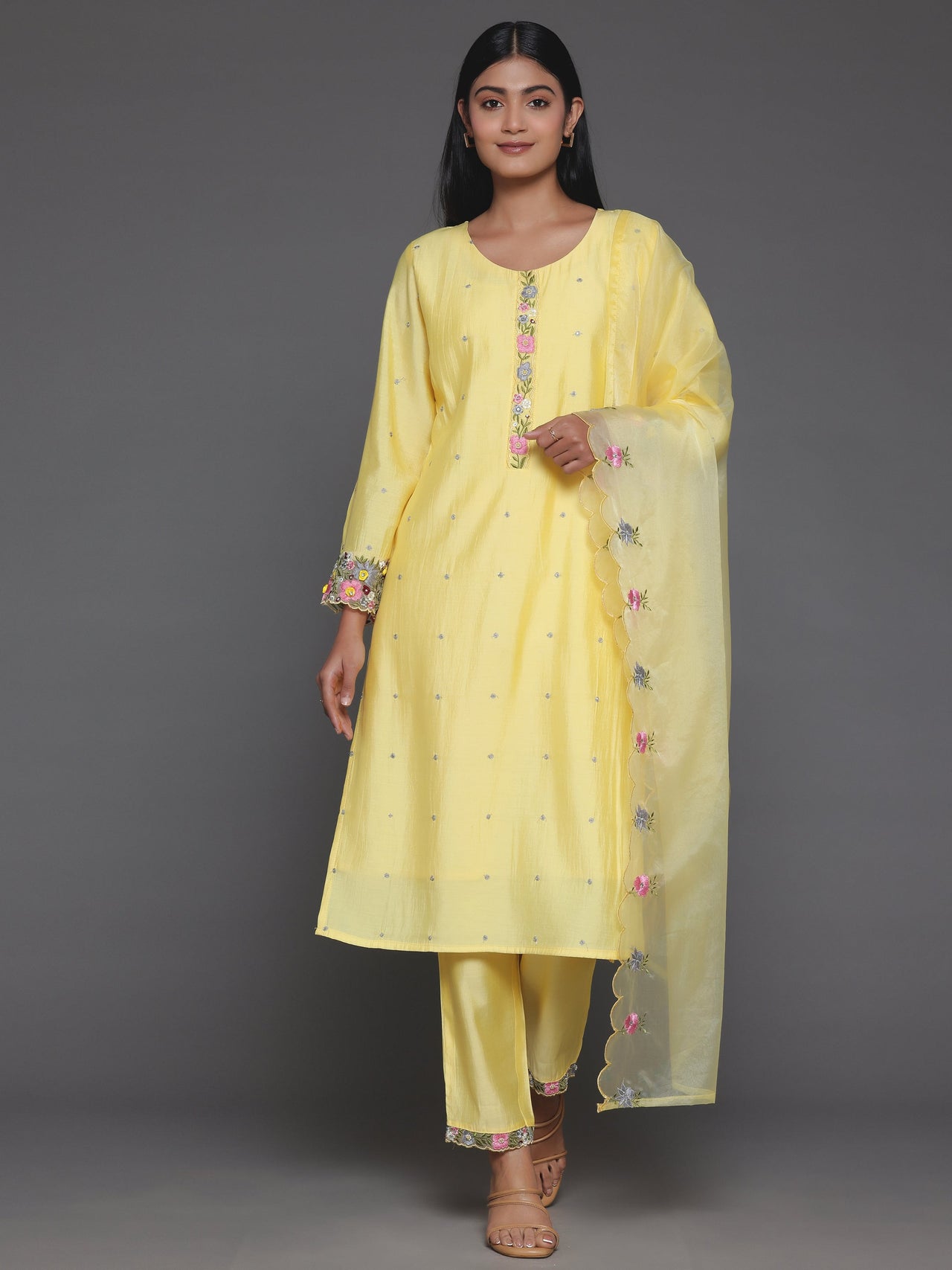 Yellow Embroidered Silk Blend Straight Suit with Dupatta