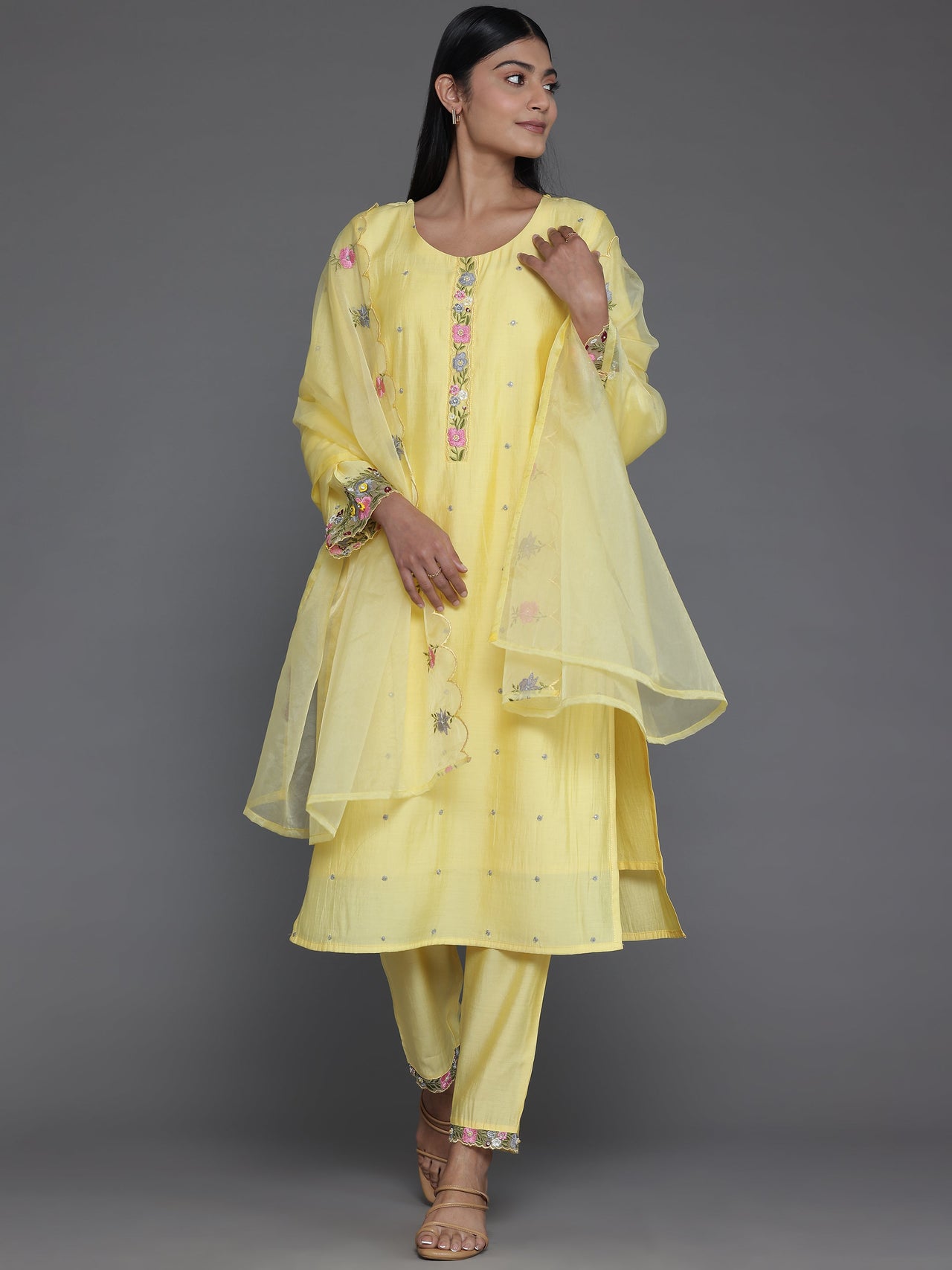 Yellow Embroidered Silk Blend Straight Suit with Dupatta