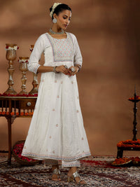 White Embroidered Cotton A-Line Kurta with Trousers & Dupatta