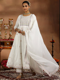 White Embroidered Cotton A-Line Kurta with Trousers & Dupatta