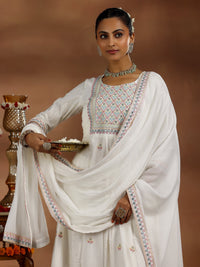 White Embroidered Cotton A-Line Kurta with Trousers & Dupatta