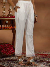 White Embroidered Cotton A-Line Kurta with Trousers & Dupatta