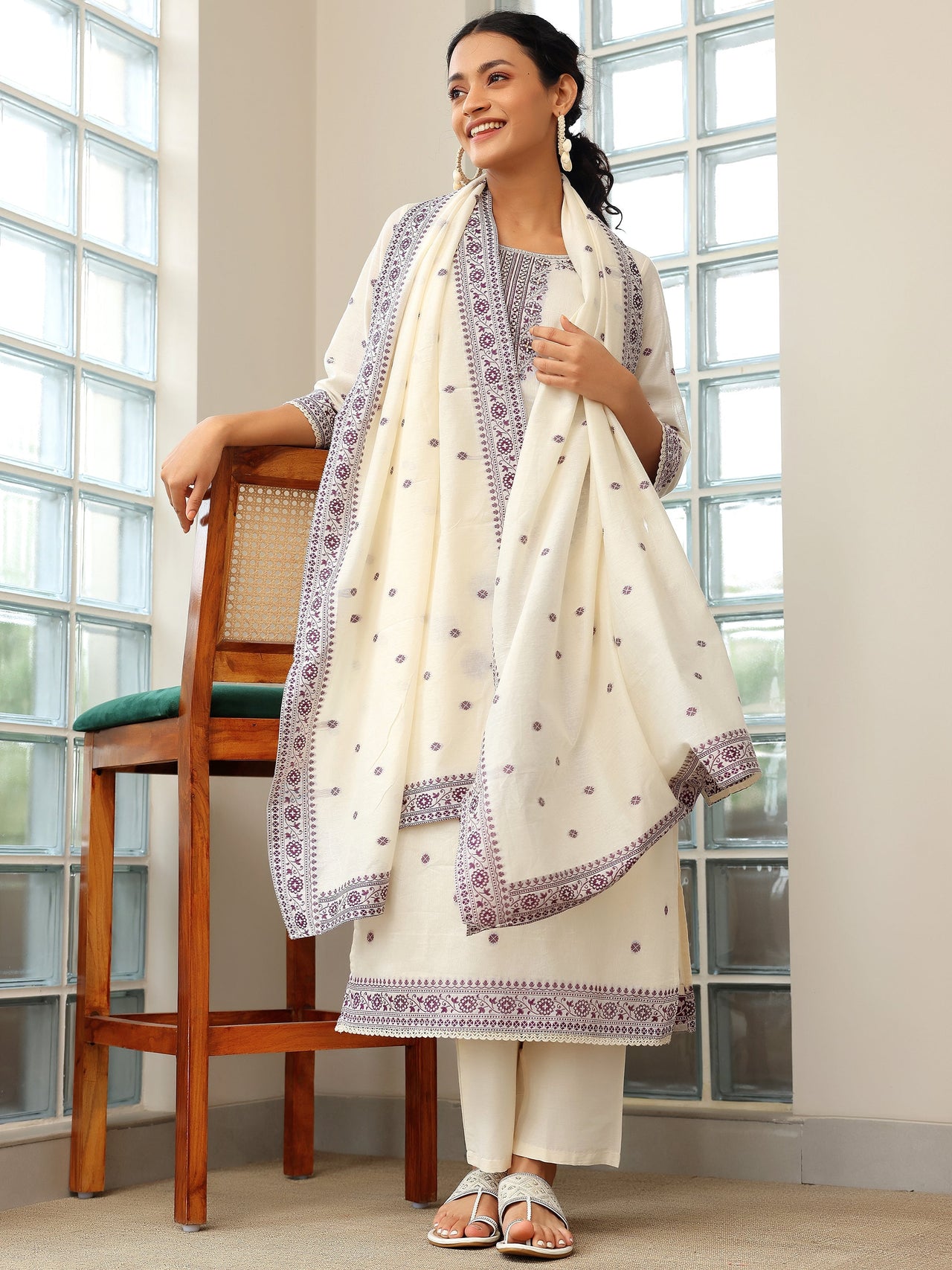 Off White Woven Design Chanderi Silk Straight Suit with Dupatta