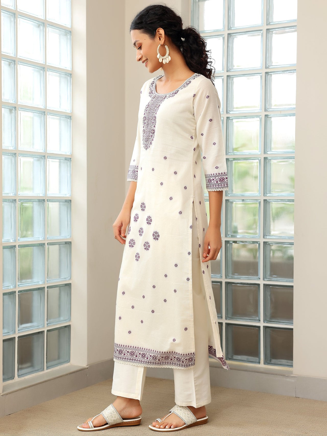 Off White Woven Design Chanderi Silk Straight Suit with Dupatta