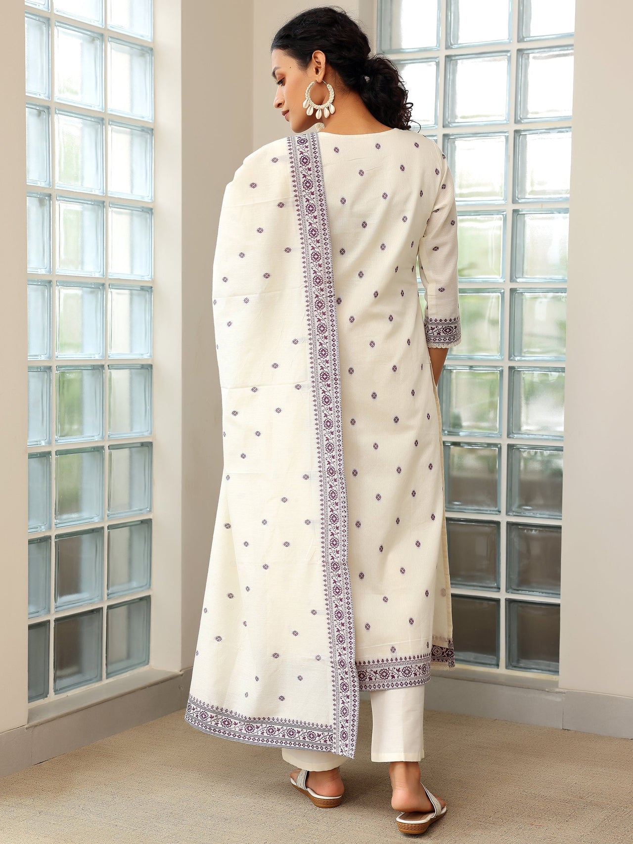 Off White Woven Design Chanderi Silk Straight Suit with Dupatta