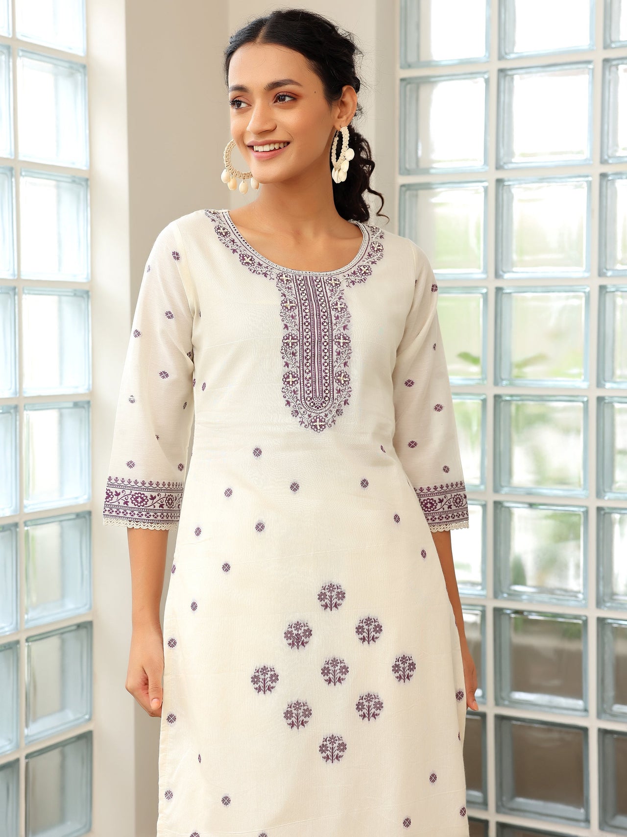 Off White Woven Design Chanderi Silk Straight Suit with Dupatta