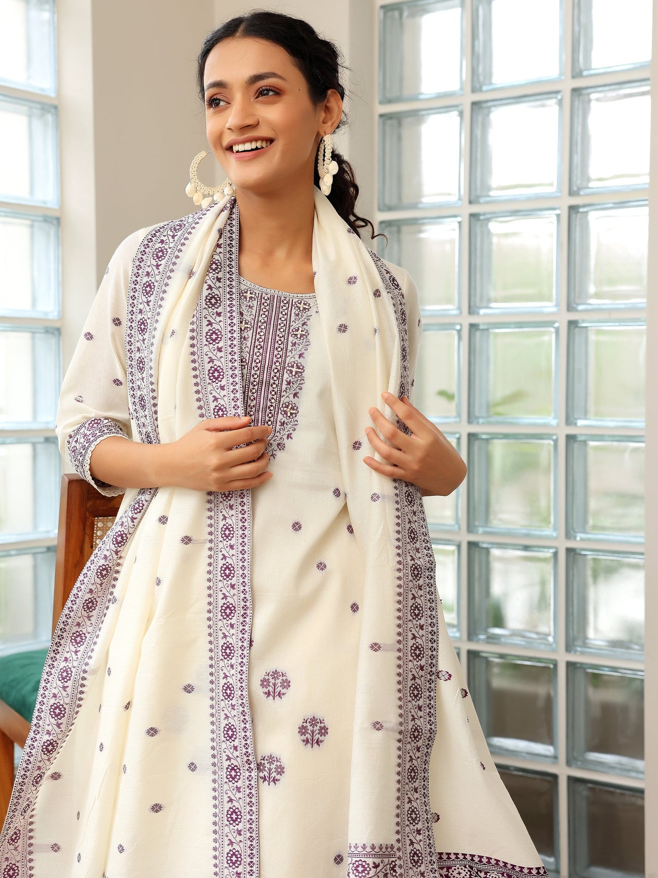 Off White Woven Design Chanderi Silk Straight Suit with Dupatta
