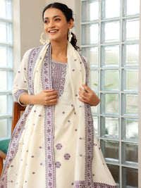 Off White Woven Design Chanderi Silk Straight Suit with Dupatta
