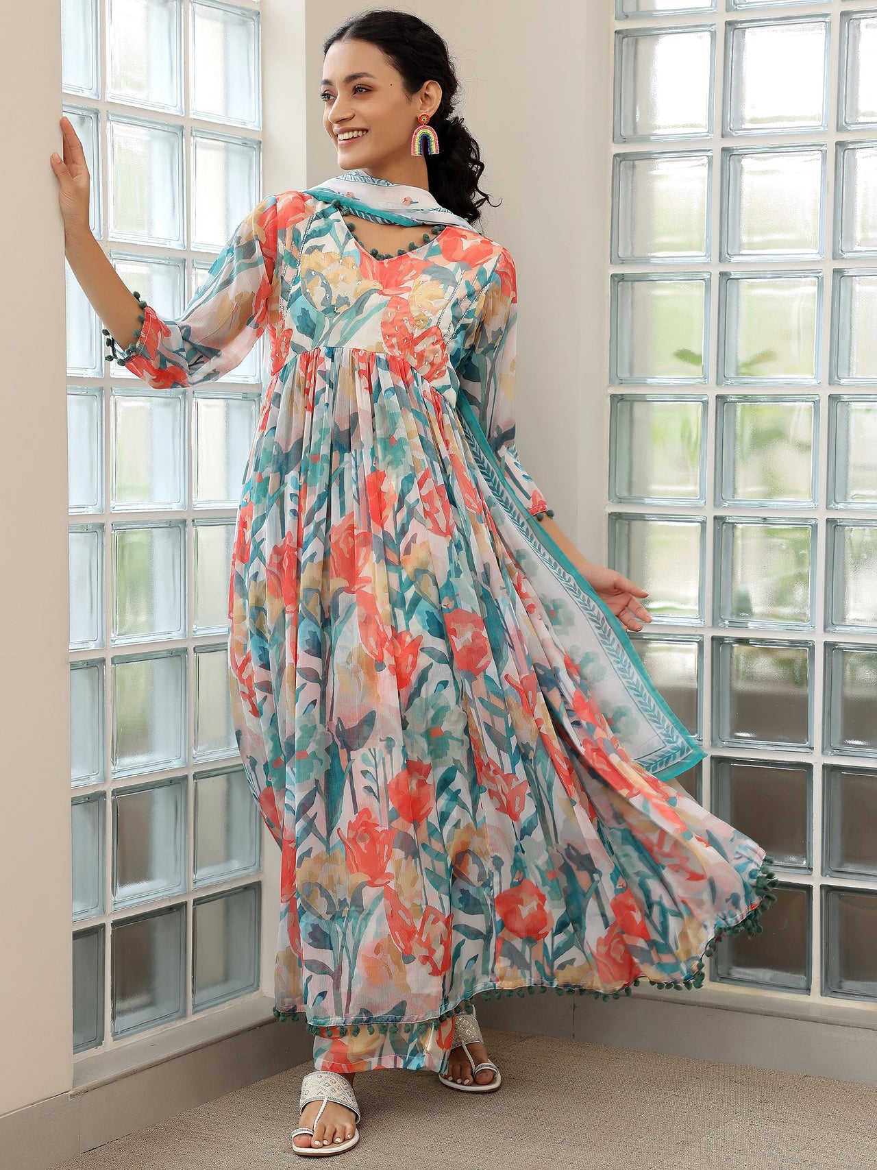 Off White Printed Poly Chiffon A-Line Kurta with Palazzos & Dupatta