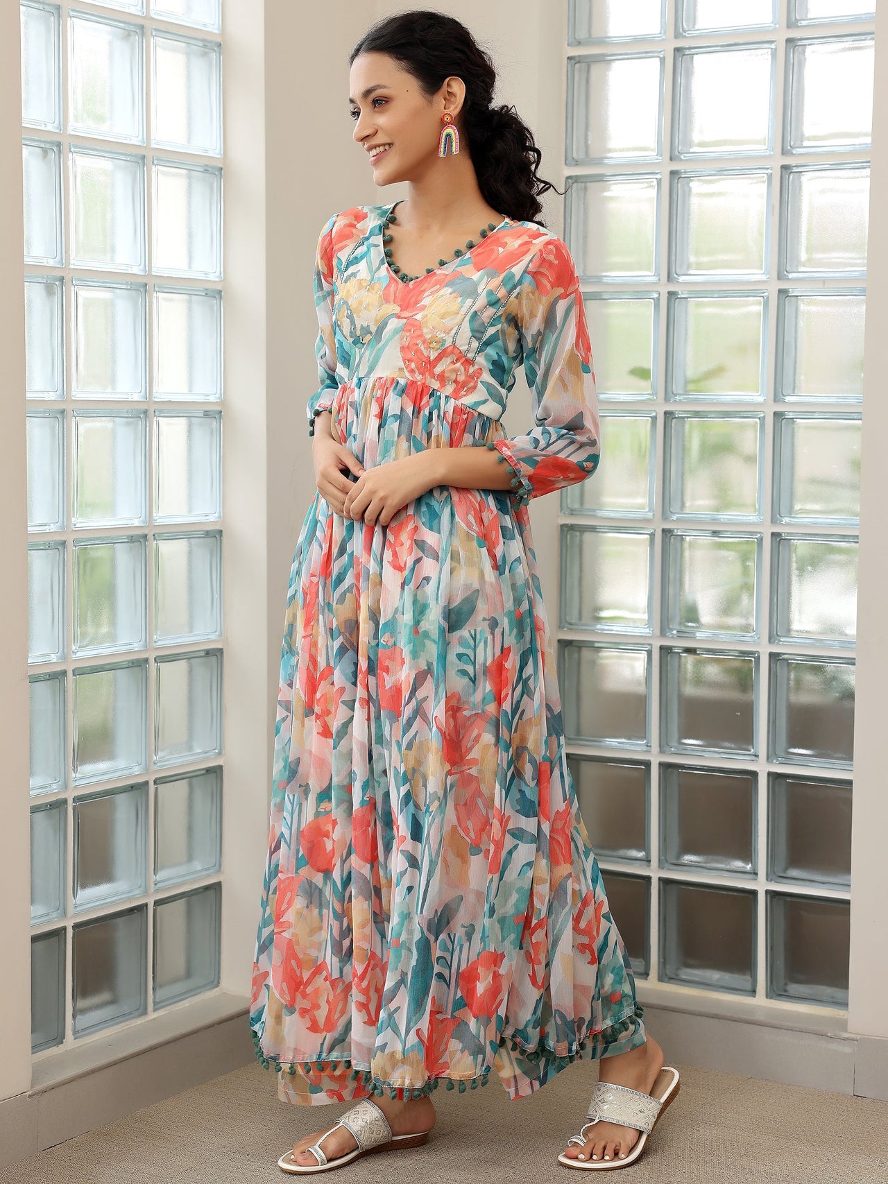 Off White Printed Poly Chiffon A-Line Kurta with Palazzos & Dupatta