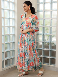 Off White Printed Poly Chiffon A-Line Kurta with Palazzos & Dupatta