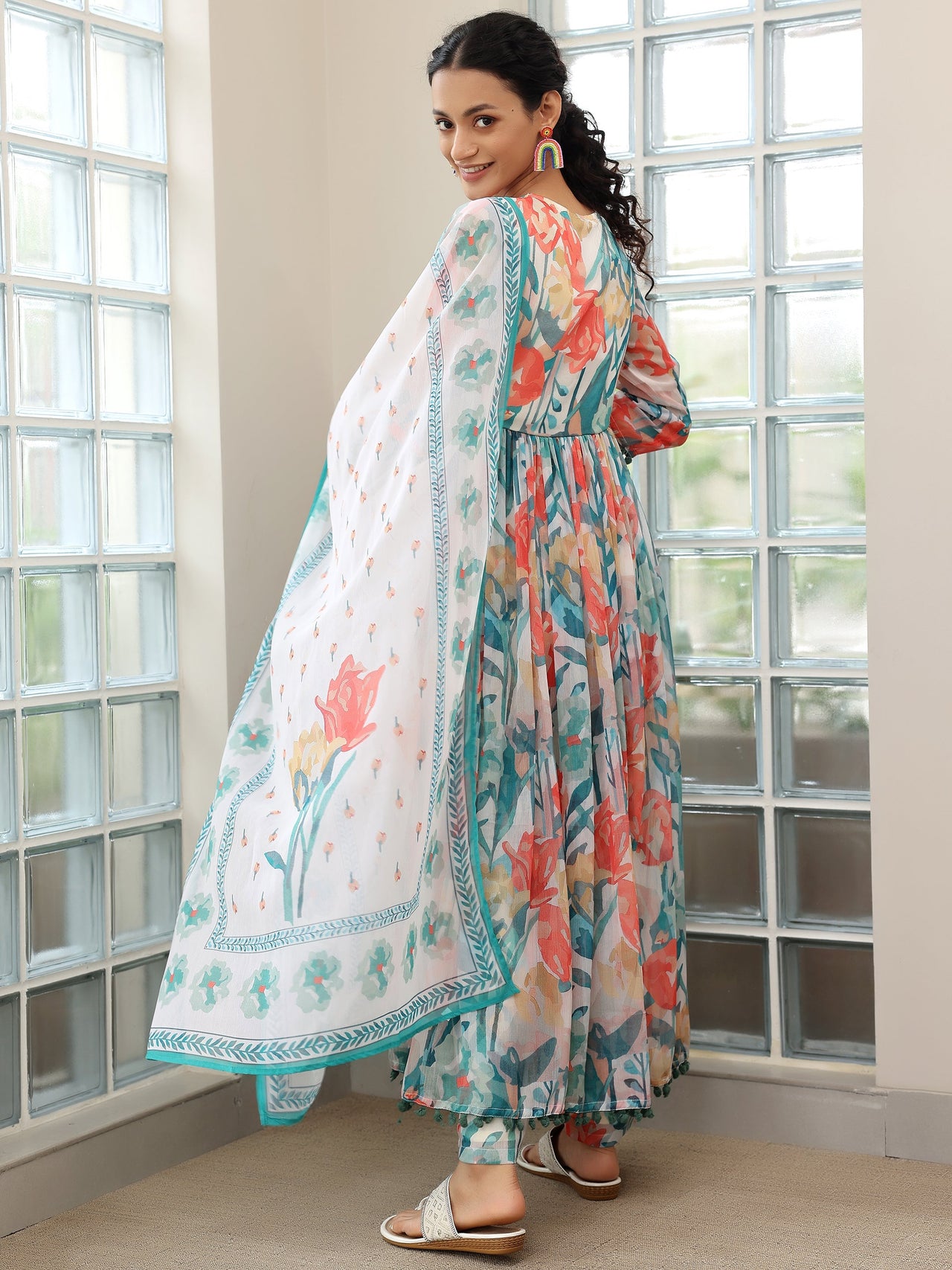 Off White Printed Poly Chiffon A-Line Kurta with Palazzos & Dupatta