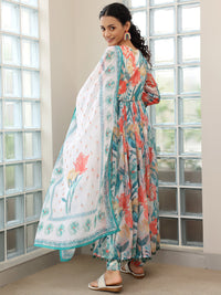 Off White Printed Poly Chiffon A-Line Kurta with Palazzos & Dupatta