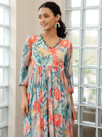 Off White Printed Poly Chiffon A-Line Kurta with Palazzos & Dupatta