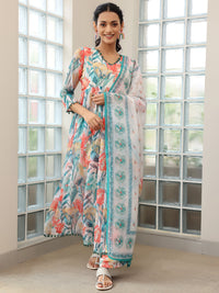 Off White Printed Poly Chiffon A-Line Kurta with Palazzos & Dupatta