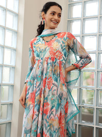 Off White Printed Poly Chiffon A-Line Kurta with Palazzos & Dupatta