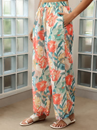 Off White Printed Poly Chiffon A-Line Kurta with Palazzos & Dupatta