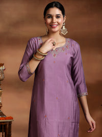 Mauve Embroidered Silk Blend Straight Suit with Dupatta
