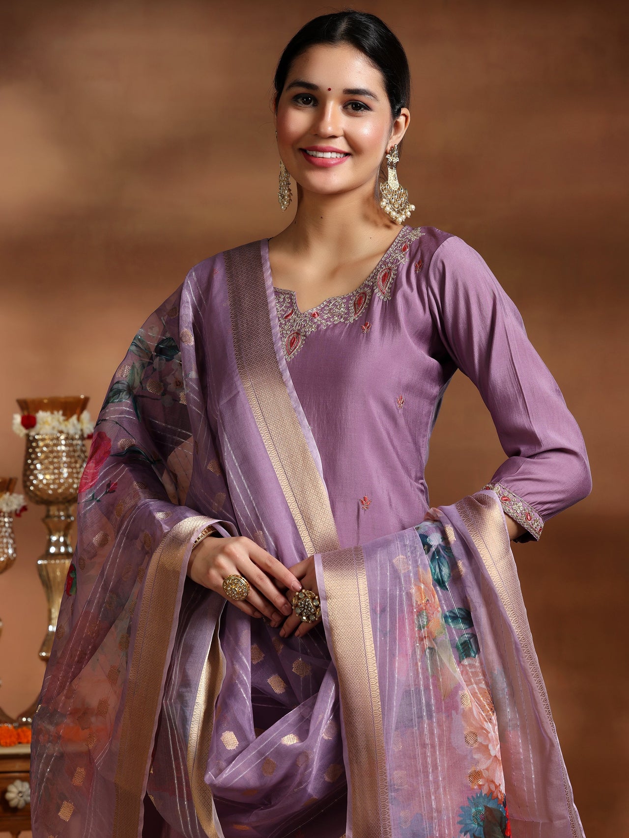 Mauve Embroidered Silk Blend Straight Suit with Dupatta