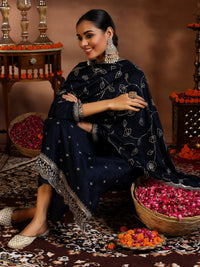 Blue Embroidered Silk Blend Straight Suit with Dupatta