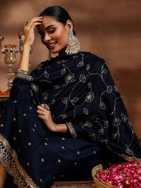 Blue Embroidered Silk Blend Straight Suit with Dupatta