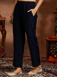 Blue Embroidered Silk Blend Straight Suit with Dupatta