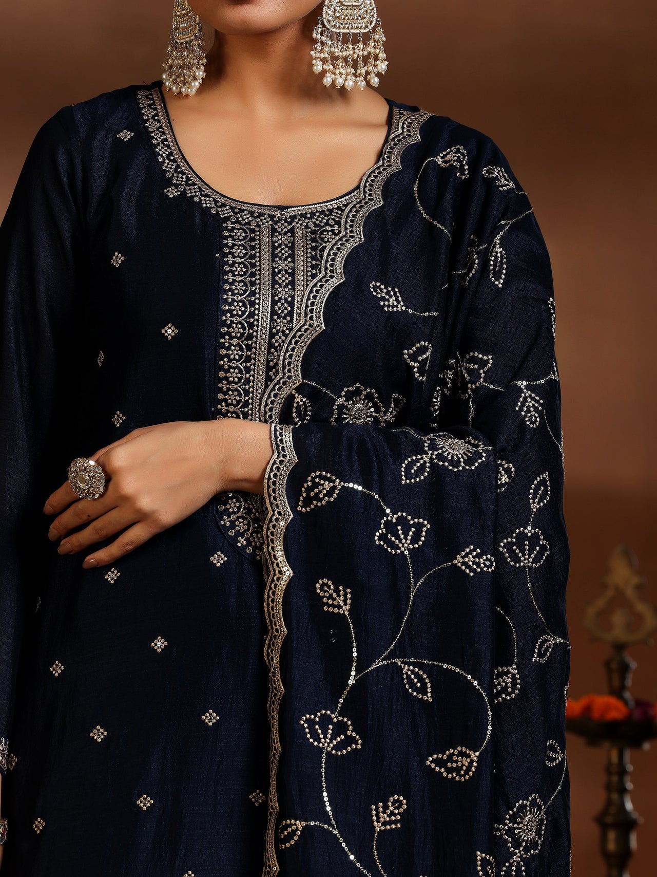 Blue Embroidered Silk Blend Straight Suit with Dupatta