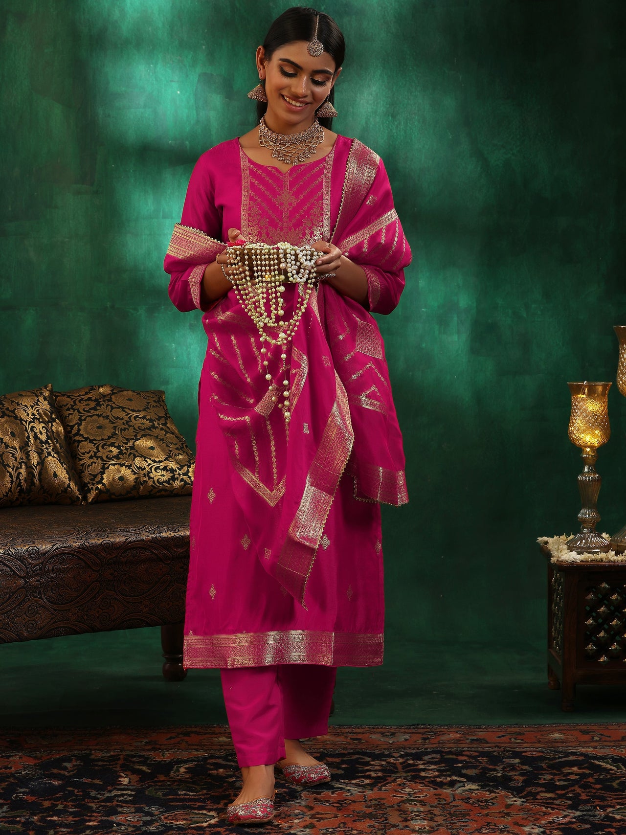 Pink Woven Design Silk Blend Straight Suit with Dupatta