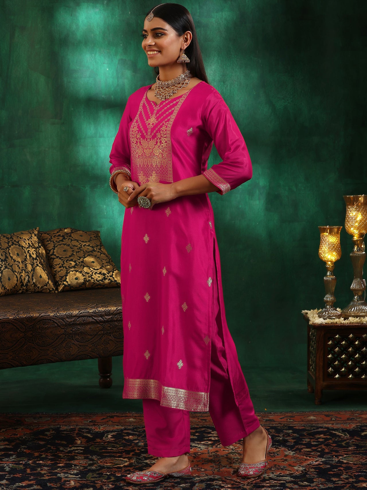 Pink Woven Design Silk Blend Straight Suit with Dupatta