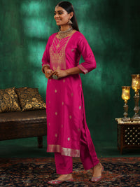 Pink Woven Design Silk Blend Straight Suit with Dupatta
