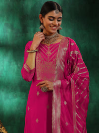 Pink Woven Design Silk Blend Straight Suit with Dupatta