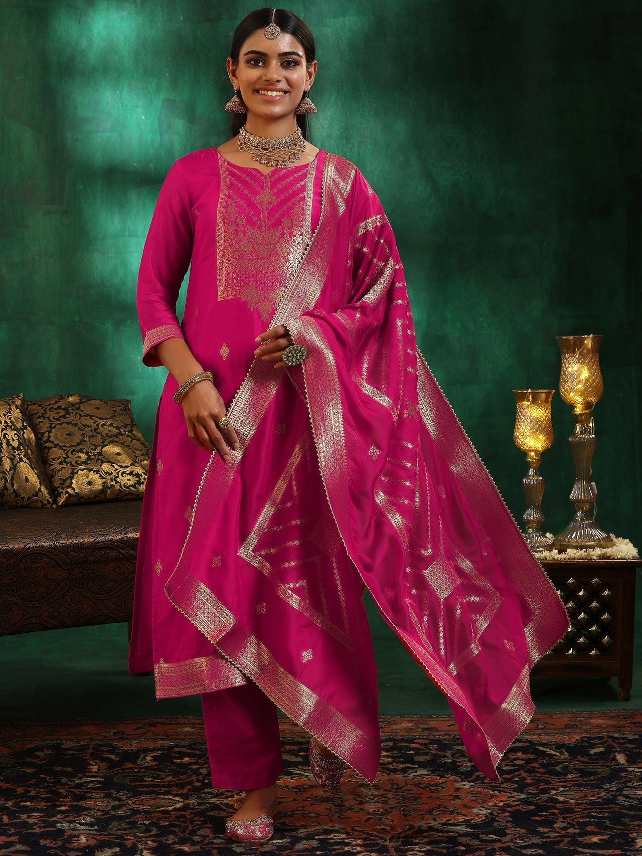 Pink Woven Design Silk Blend Straight Suit with Dupatta